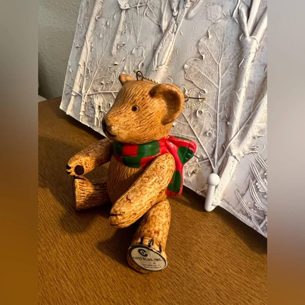 Vintage Brown Ceramic Teddy Bear Articulated Moveable Joints Christmas Ornament